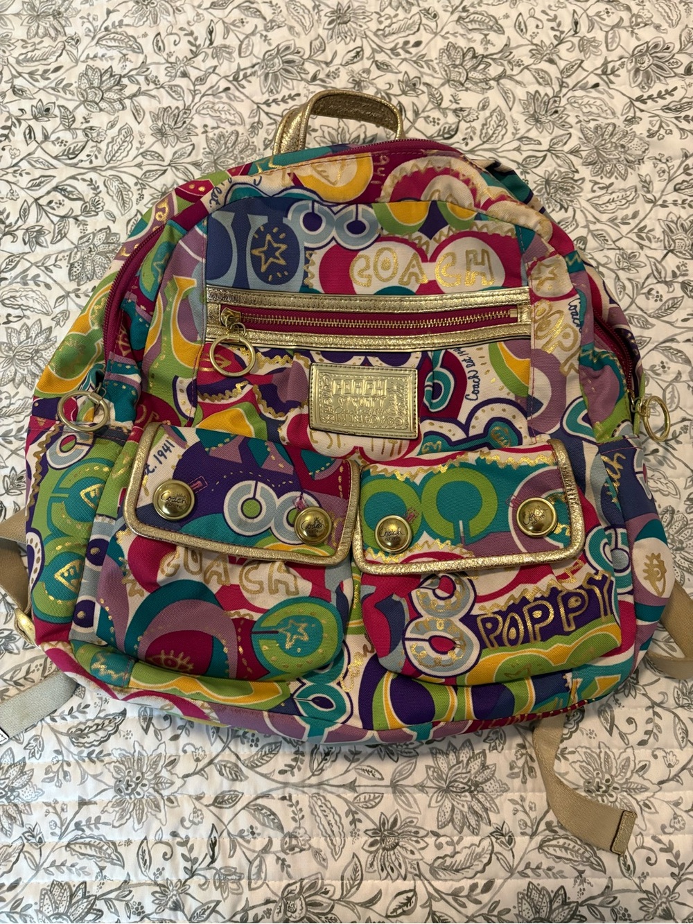 Coach Multicolor Graphic Nylon Mini Backpack with Gold Accents